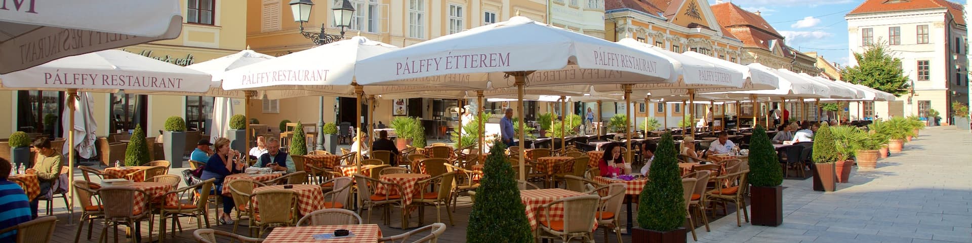 Gyor showing outdoor eating, signage and cafe scenes