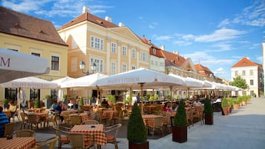 Gyor showing outdoor eating, signage and cafe scenes