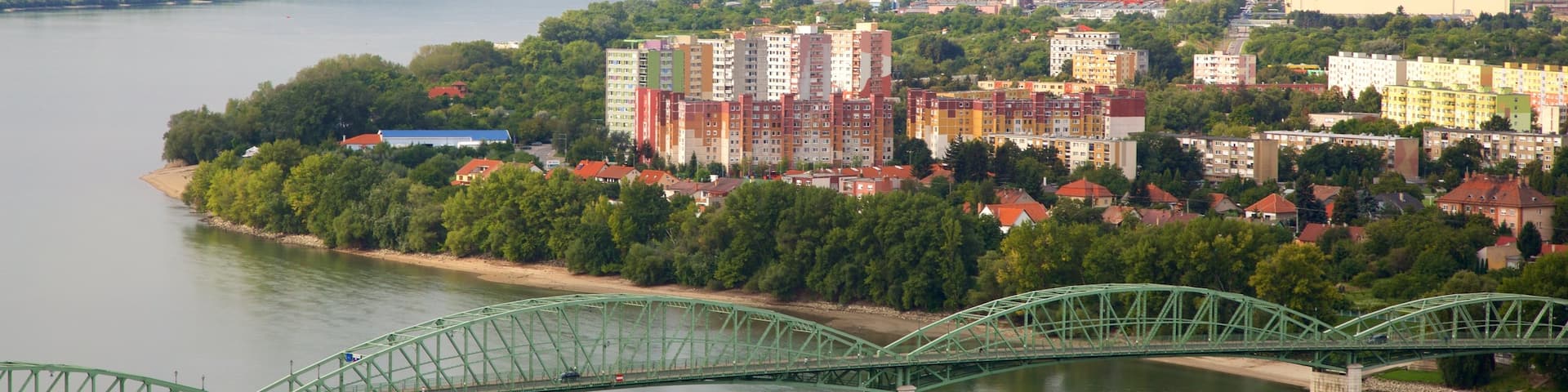 Esztergom featuring a bridge, a river or creek and industrial elements