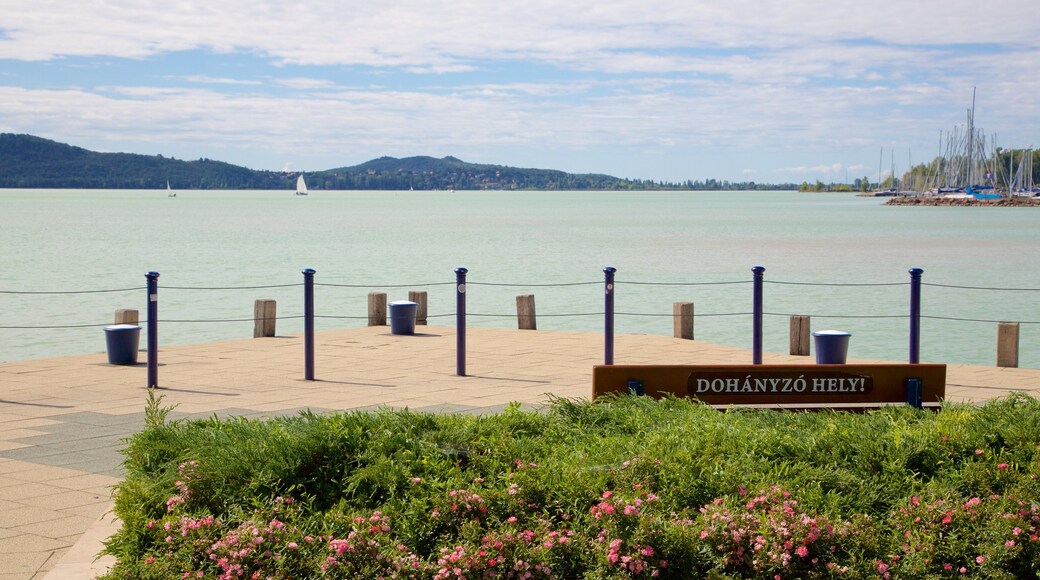 Balatonfüred mostrando flores, una bahía o puerto y señalización