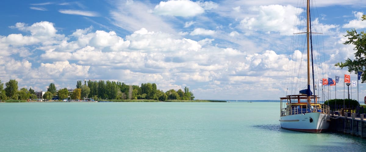 Balatonfüred que incluye vistas generales de la costa y una bahía o puerto