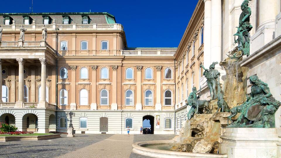 Buda Castle which includes a statue or sculpture, a castle and a fountain