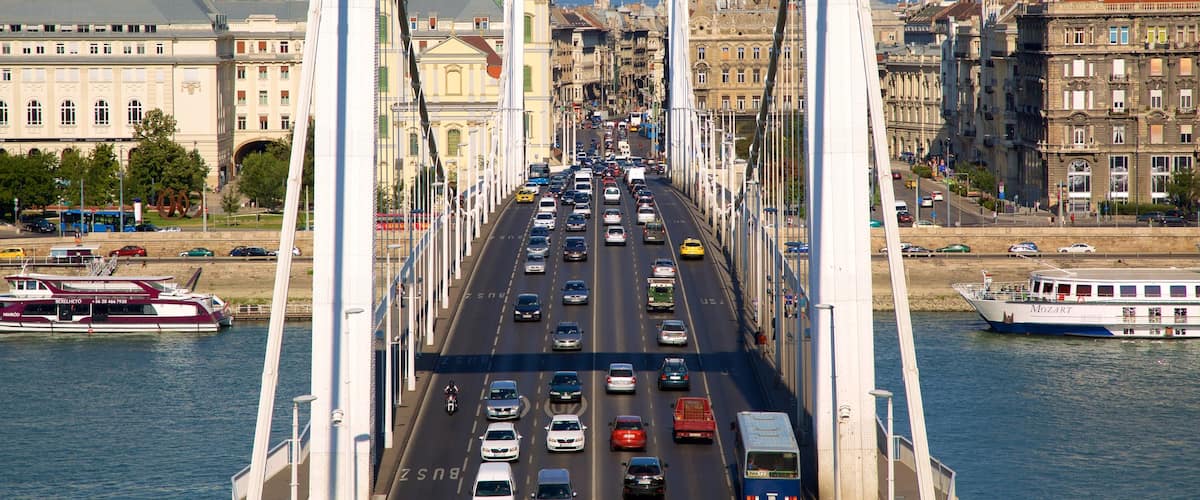 Elisabeth Bridge which includes a suspension bridge or treetop walkway, a river or creek and a city