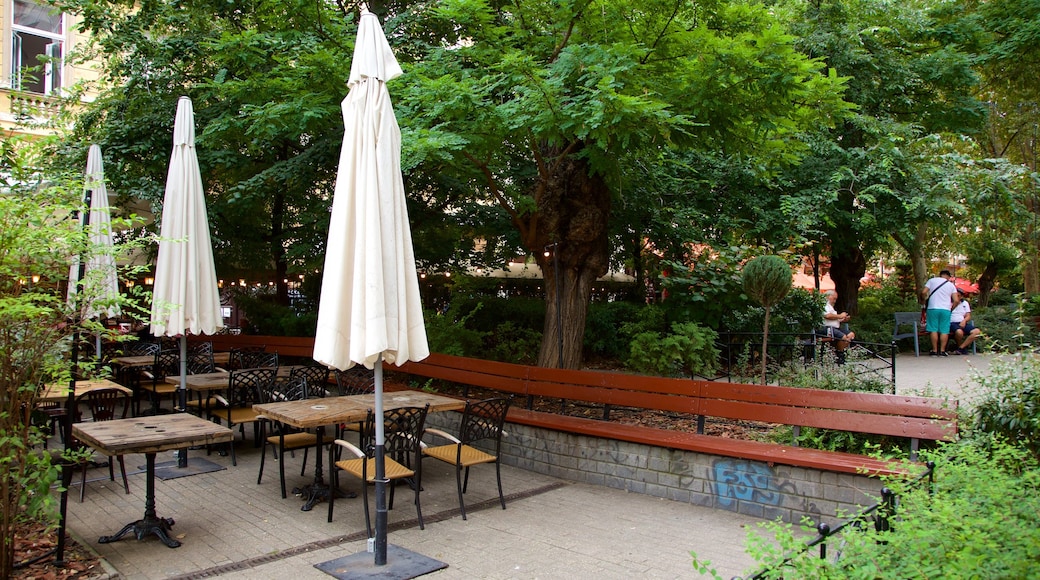 Liszt Ferenc tér welches beinhaltet Café-Szenerien und Park