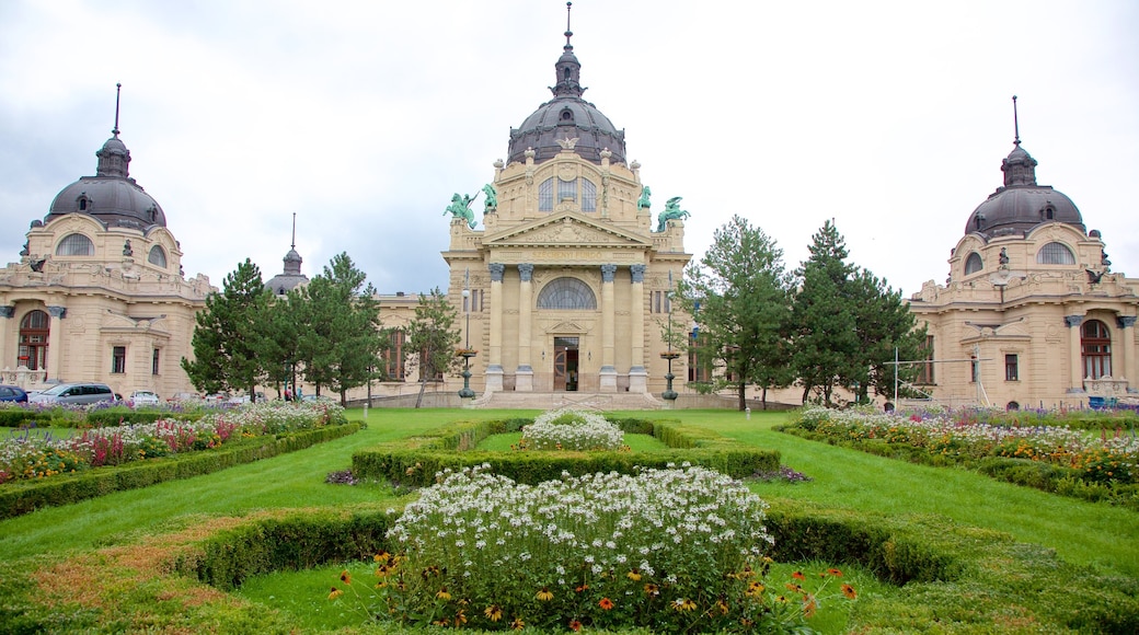 Szechenyi termalbad presenterar en park, historisk arkitektur och blommor