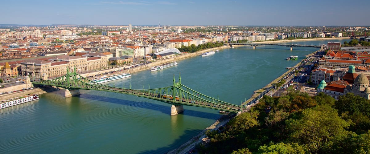 Liberty Bridge which includes a city, a bridge and a river or creek