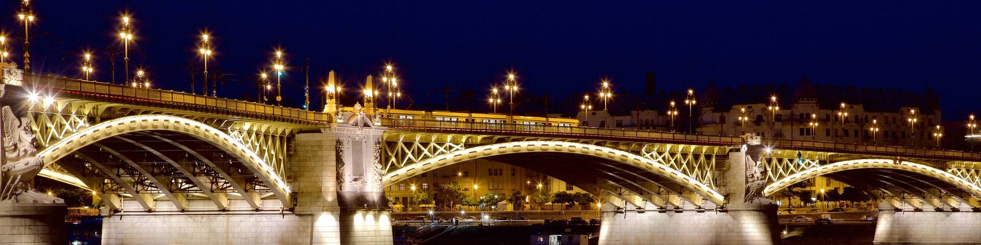 Budapest which includes night scenes, a river or creek and a bridge