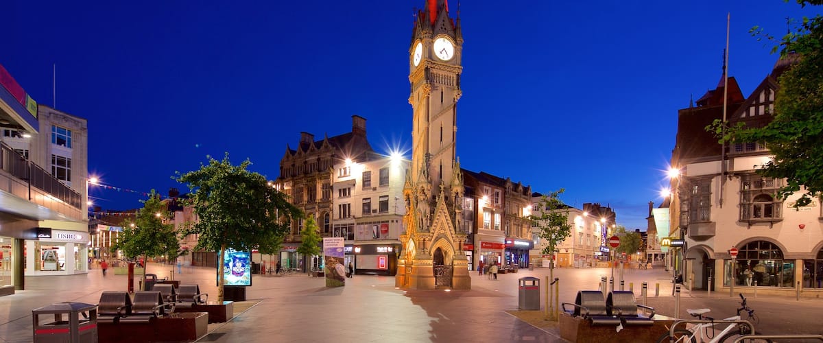 Leicester ofreciendo escenas nocturnas, un monumento y un parque o plaza