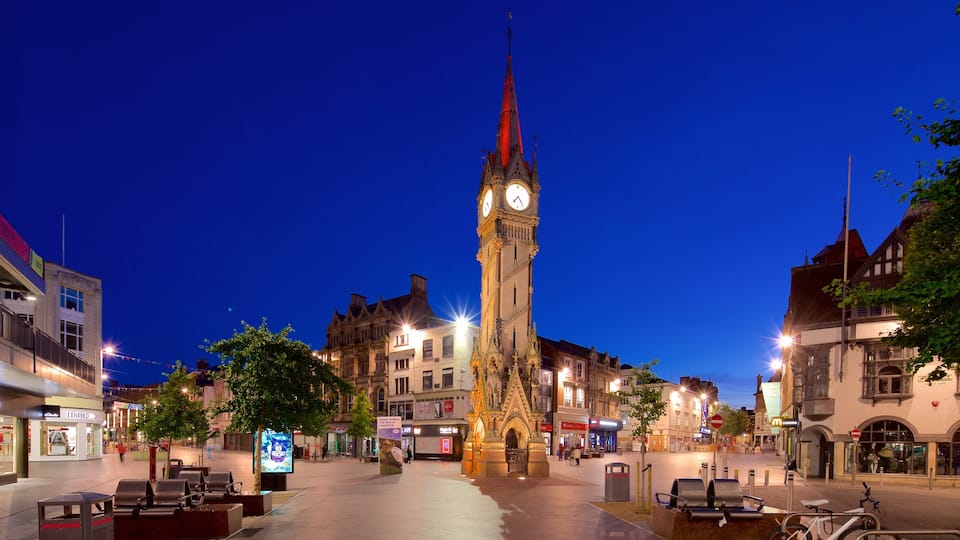 Leicester which includes night scenes, a square or plaza and a city