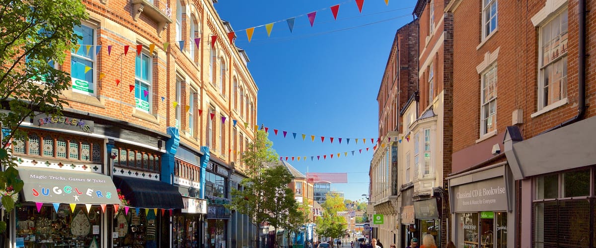 Lace Market featuring a city and street scenes as well as a small group of people