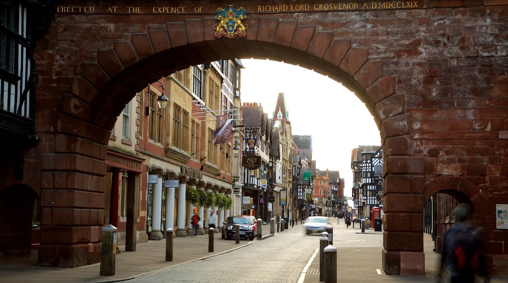 Eastgate Clock featuring a bridge, heritage elements and street scenes