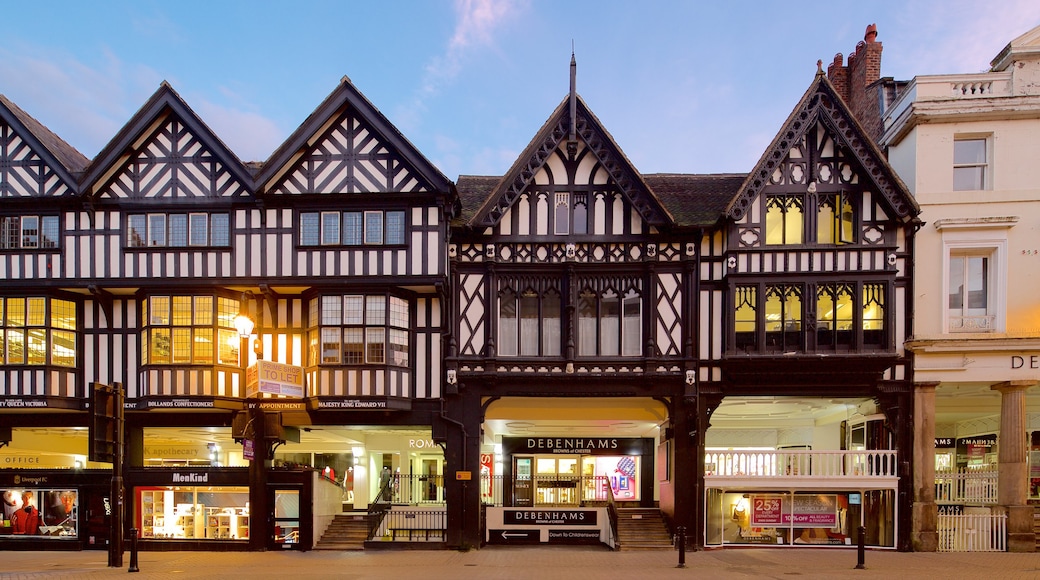 Chester which includes heritage elements, a city and street scenes