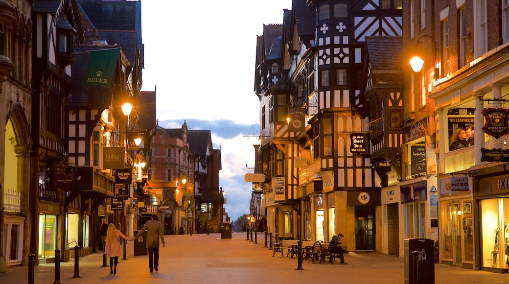 Chester featuring street scenes, a city and night scenes