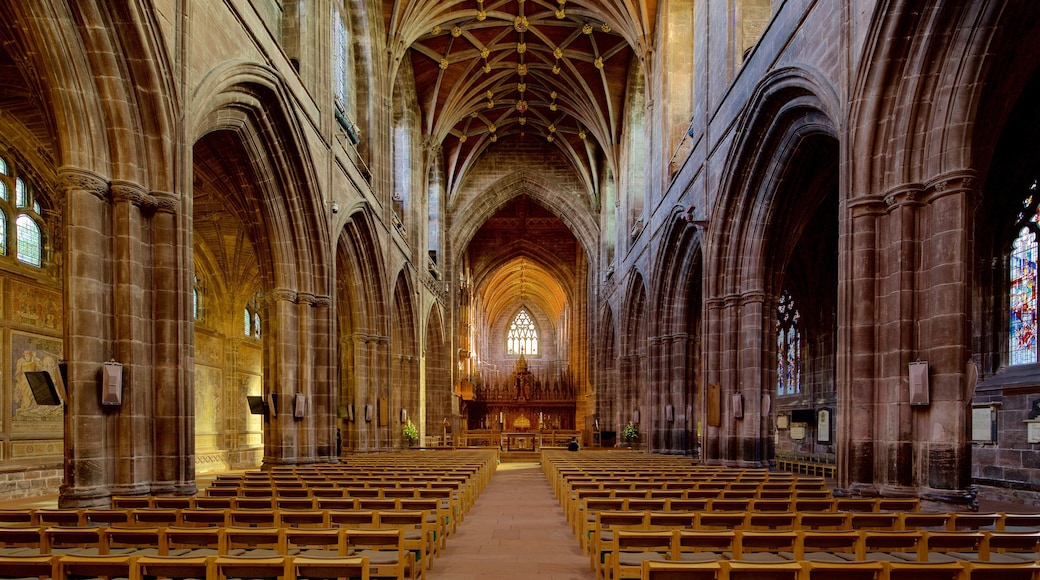 Chester Cathedral which includes heritage architecture, interior views and religious aspects