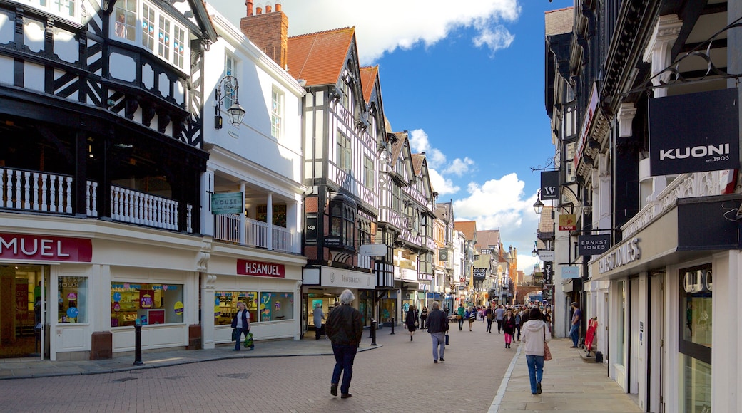 Chester showing street scenes, signage and a city