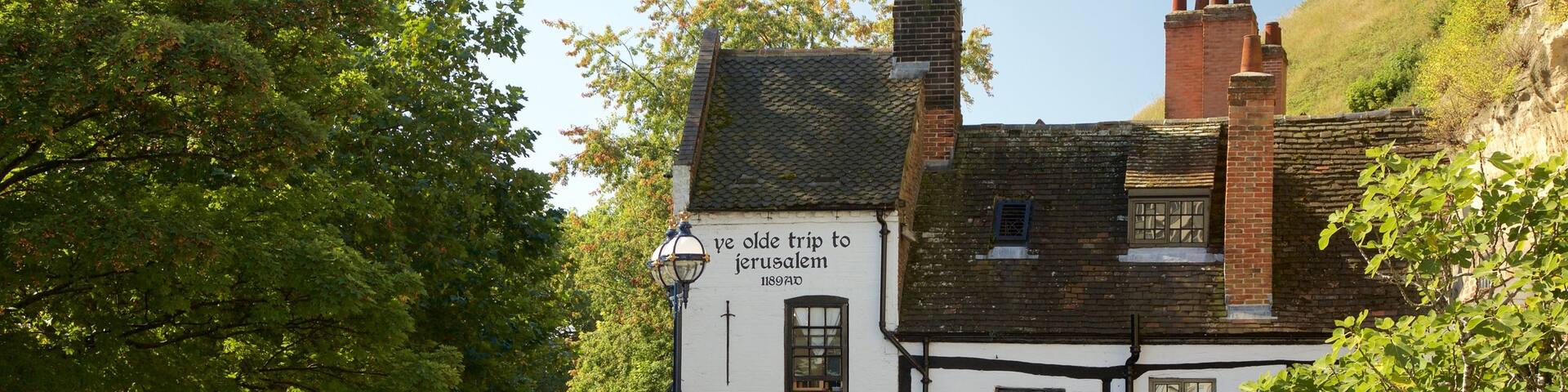 Ye Olde Trip to Jerusalem showing a hotel and heritage elements as well as a small group of people