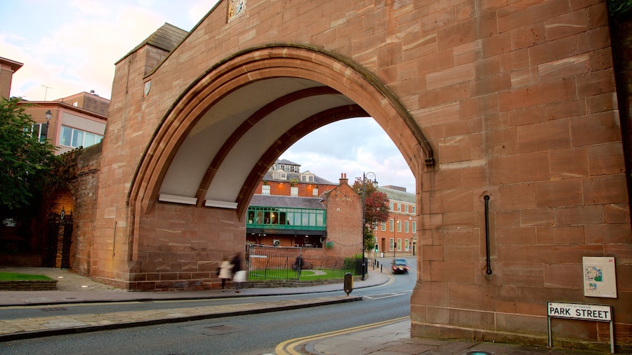 Chester City Walls showing a bridge and heritage elements
