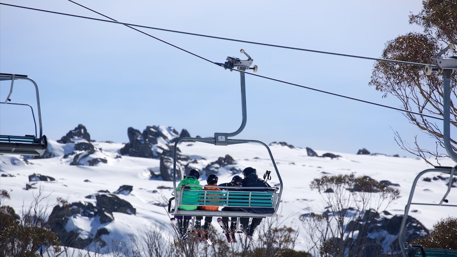Snowy Mountains mostrando montañas y una góndola y también una familia