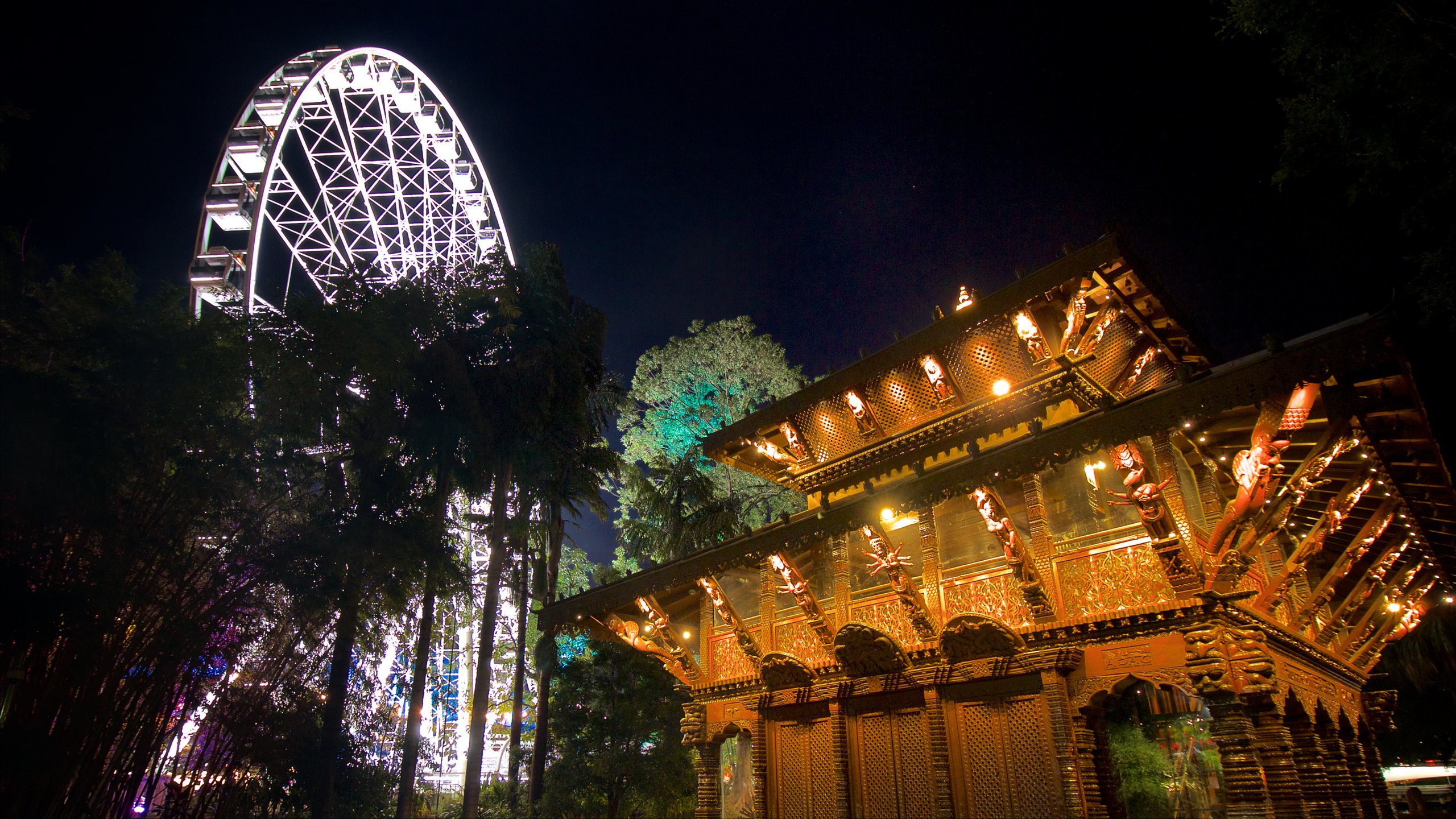 Southbank Parklands which includes modern architecture, night scenes and a temple or place of worship