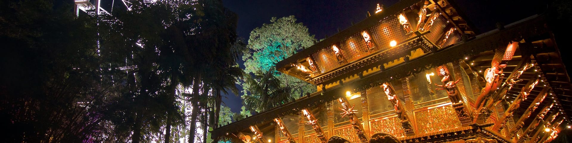 Southbank Parklands which includes modern architecture, night scenes and a temple or place of worship