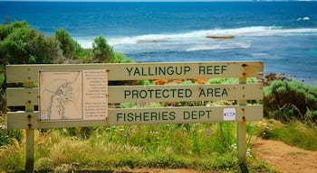 Yallingup which includes rugged coastline and signage