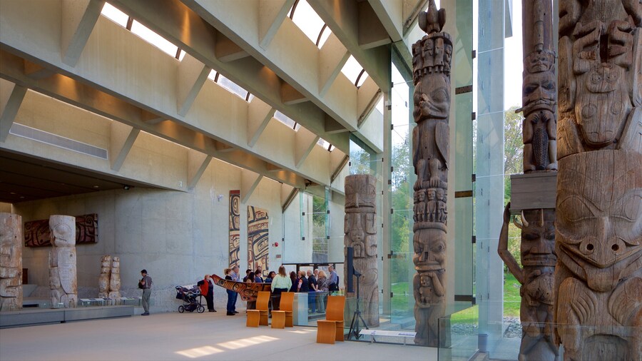 Interior view of the Museum of Anthropology showcasing Indigenous art and dramatic architecture in Vancouver.