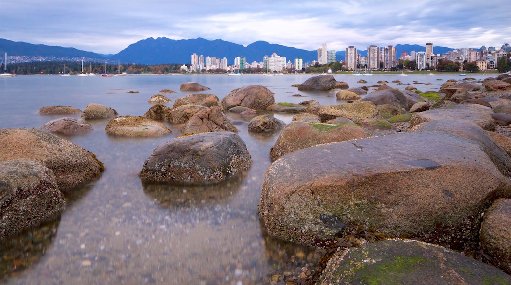 Kitsilano Beach showing general coastal views, a city and a bay or harbour