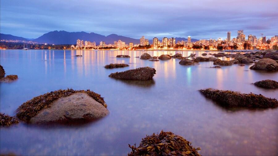 Panoramic view of Kitsilano Beach with Vancouver skyline and mountains in the background.