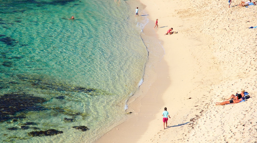 Prevelly Beach presenterar en sandstrand och en hamn eller havsbukt såväl som en liten grupp av människor