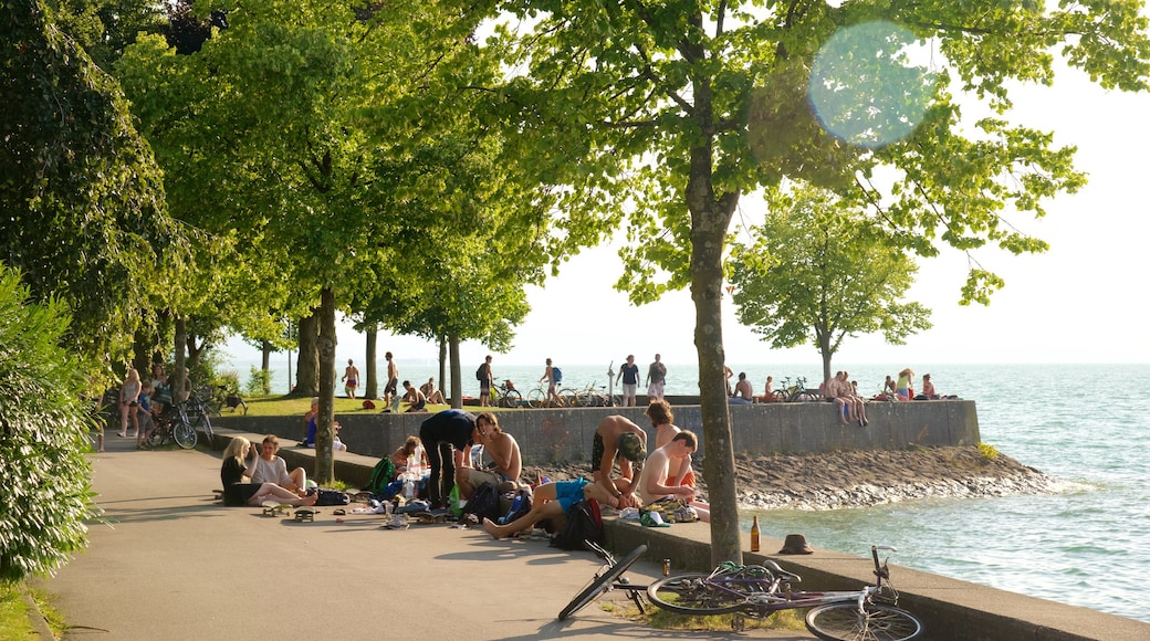 Lindau showing rocky coastline as well as a large group of people