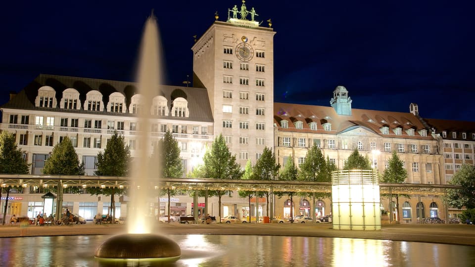 Leipzig showing heritage architecture, night scenes and a fountain