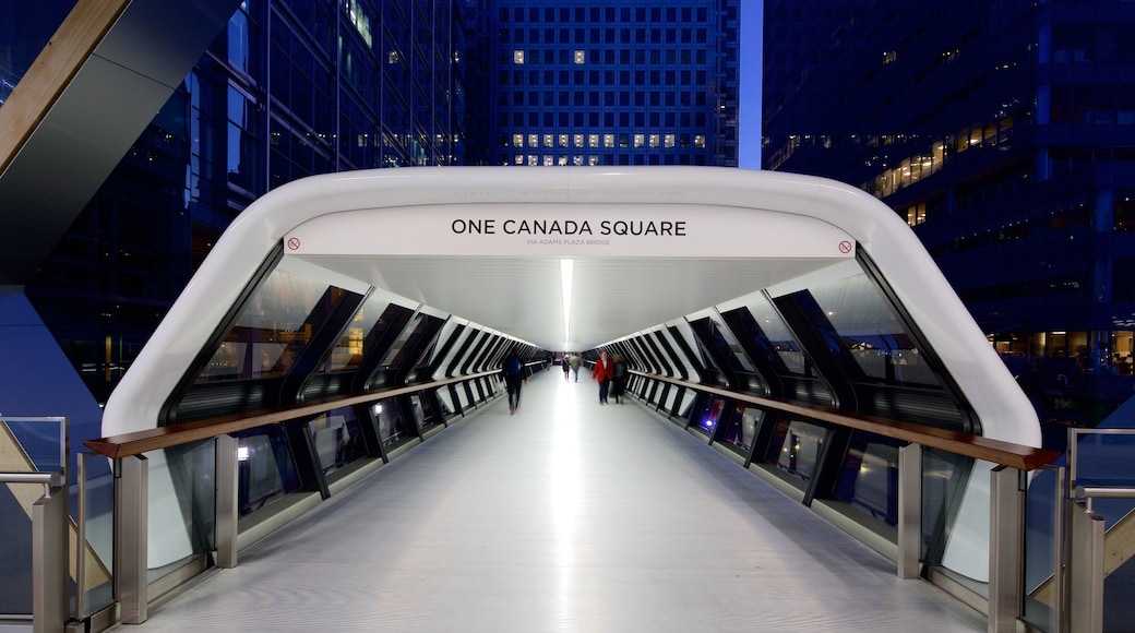 One Canada Square showing night scenes and a city