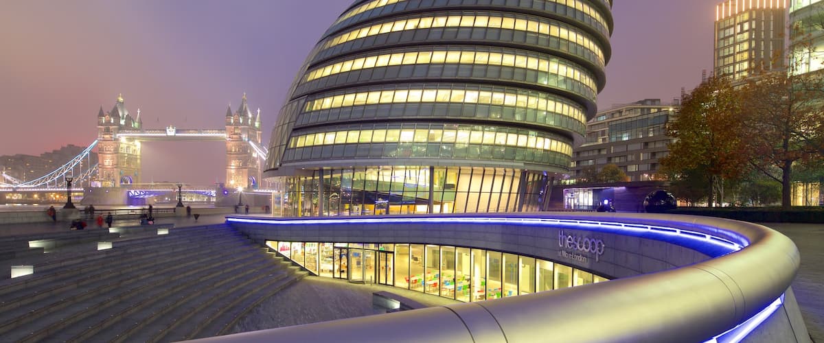 London City Hall showing night scenes, heritage architecture and modern architecture