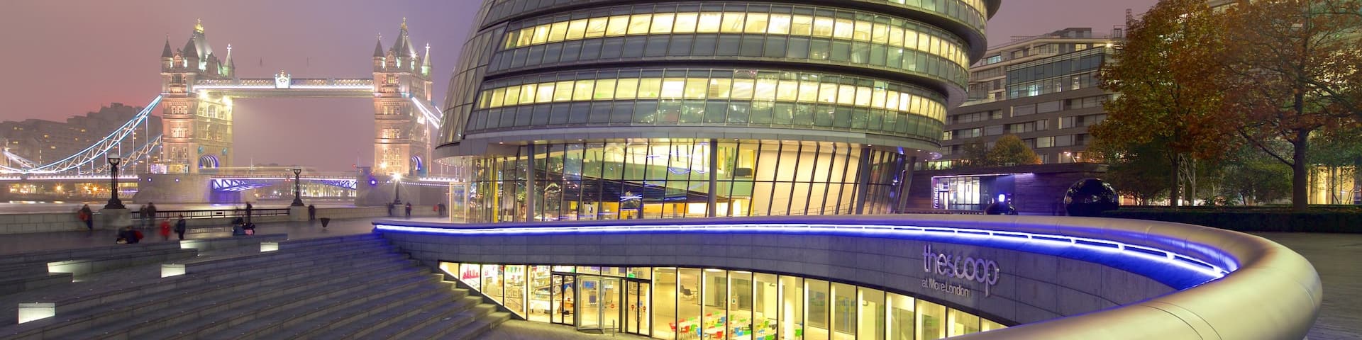 London City Hall showing night scenes, heritage architecture and modern architecture