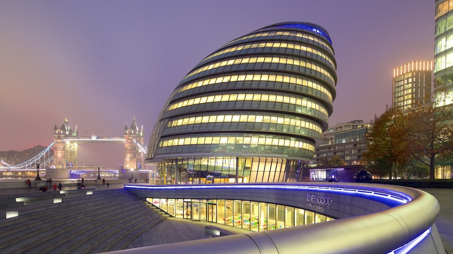 London City Hall showing modern architecture, night scenes and a bridge