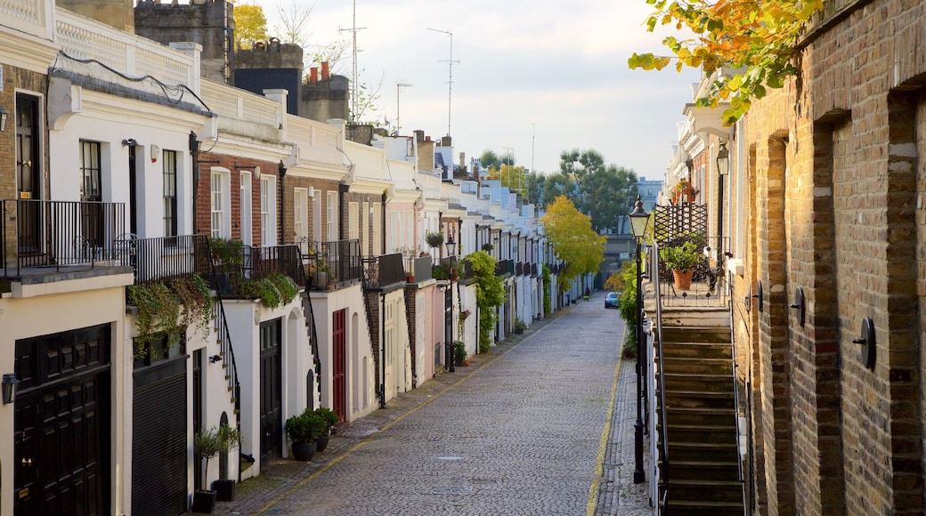 Holland Park-distriktet som viser historisk arkitektur, høstløv og gatescener