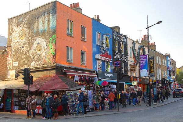 Camden High Street featuring signage, shopping and street scenes