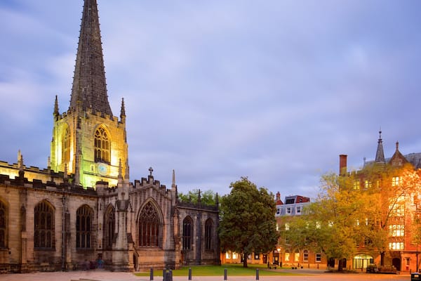Sheffield Cathedral which includes night scenes, a church or cathedral and heritage architecture