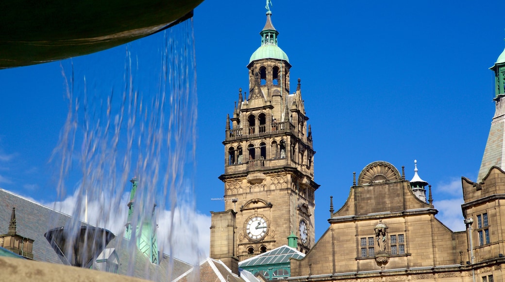 Sheffield Town Hall which includes heritage architecture and a fountain