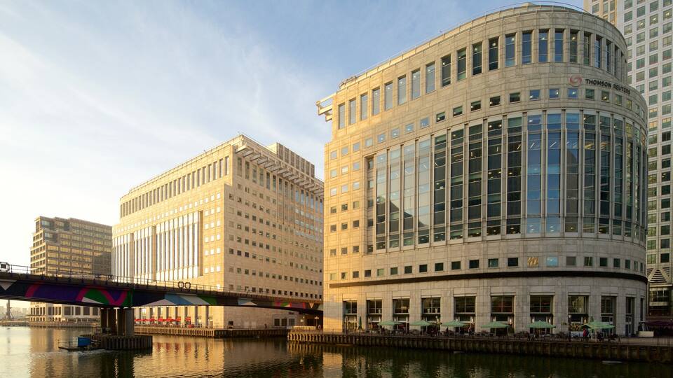 Canary Wharf featuring city views, a bridge and a river or creek
