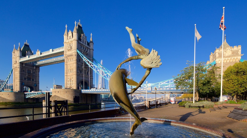 Tower Bridge featuring a bridge, heritage architecture and a fountain