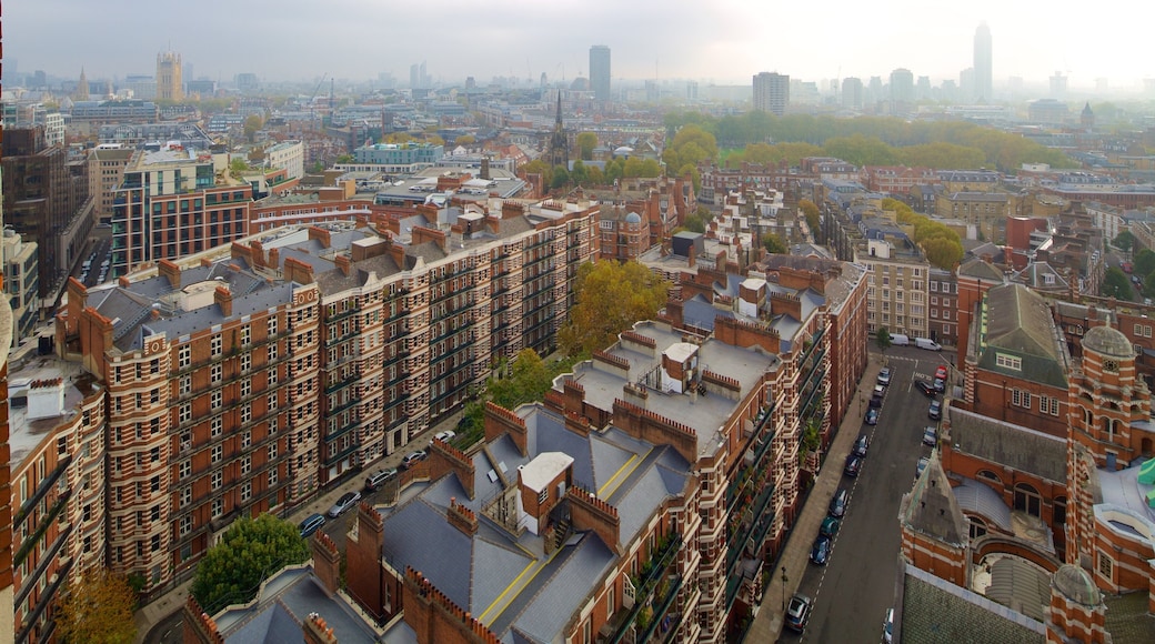 Westminster Cathedral som inkluderer historisk arkitektur, by og silhuett