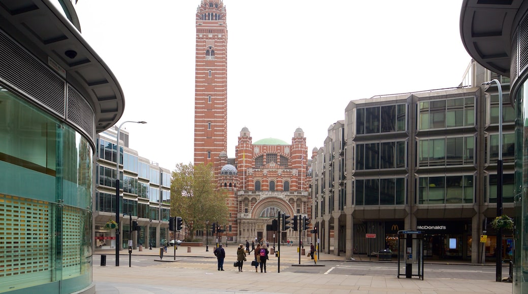 Westminster Cathedral showing a city, a church or cathedral and heritage architecture