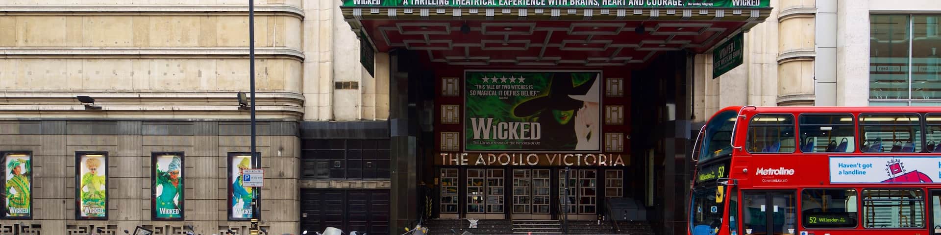 Apollo Victoria Theatre which includes signage, heritage architecture and theatre scenes