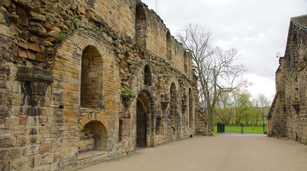 Kirkstall Abbey which includes a church or cathedral, a ruin and heritage elements