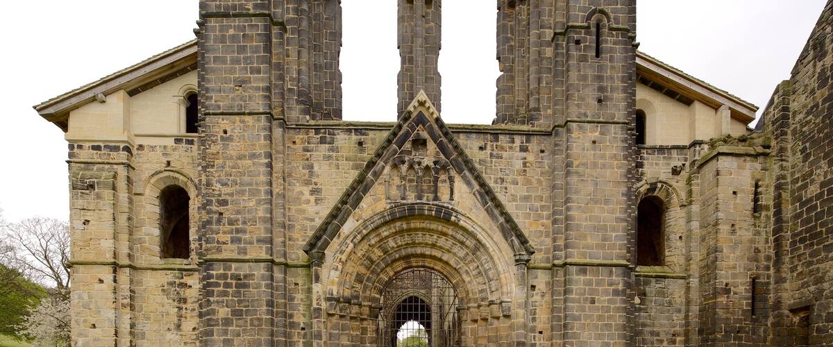 Kirkstall Abbey which includes building ruins, a church or cathedral and heritage elements
