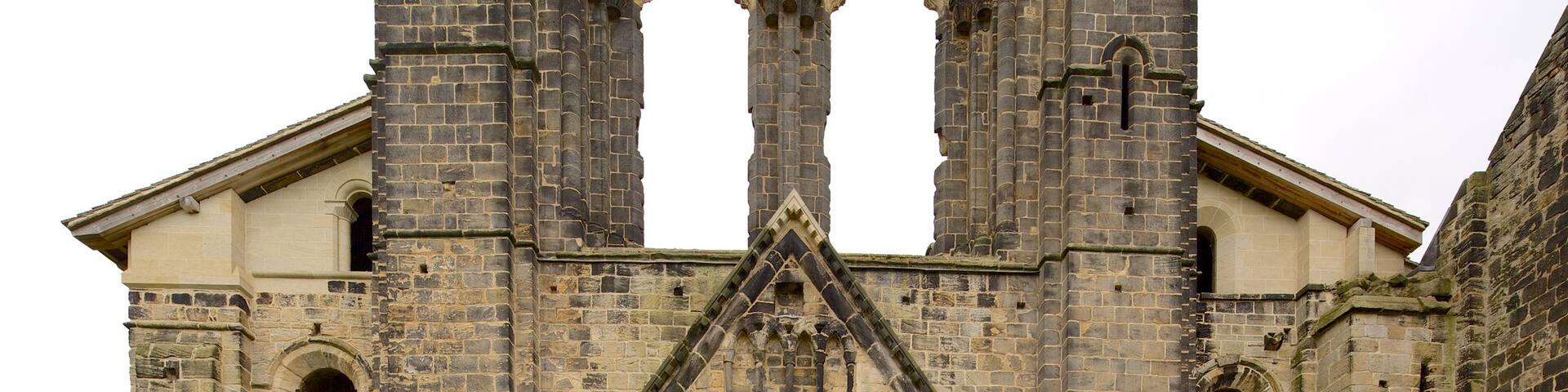 Kirkstall Abbey which includes building ruins, a church or cathedral and heritage elements