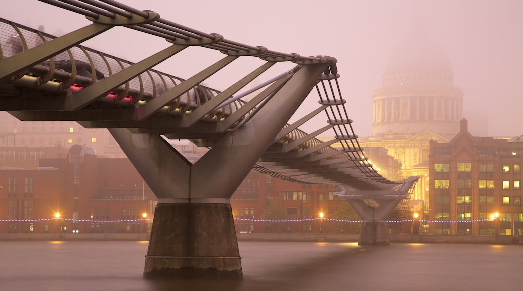 London Millennium Footbridge which includes a bridge, a city and a river or creek