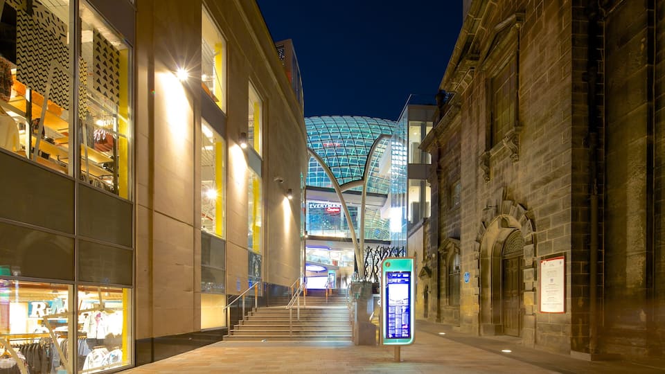Trinity Leeds Mall which includes night scenes, heritage elements and street scenes
