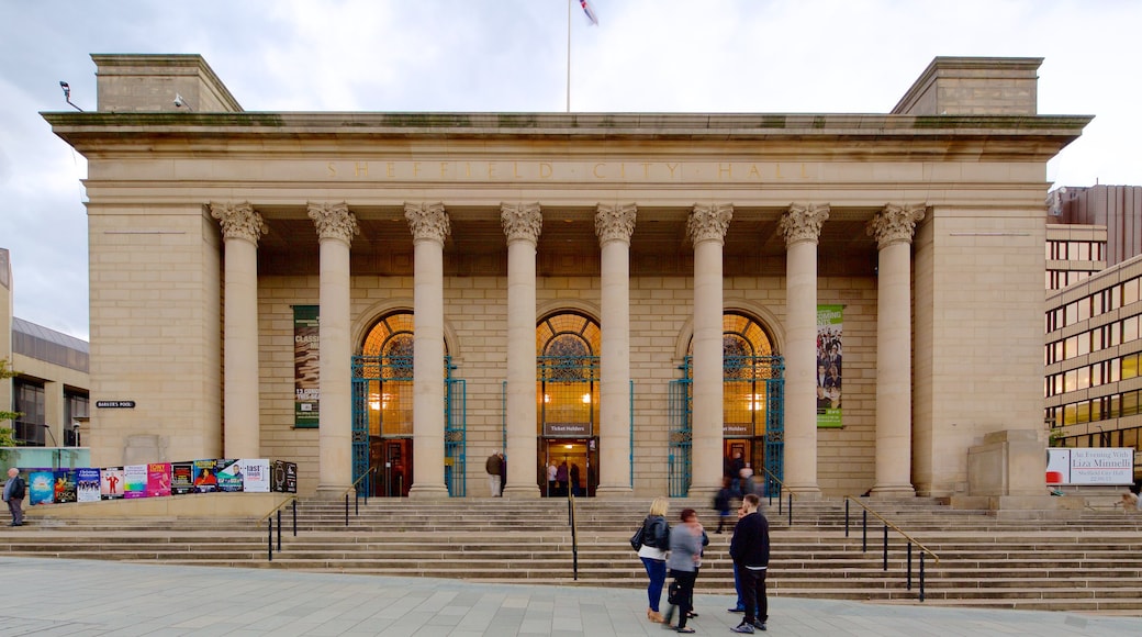 Sheffield City Hall showing heritage architecture and theater scenes as well as a small group of people